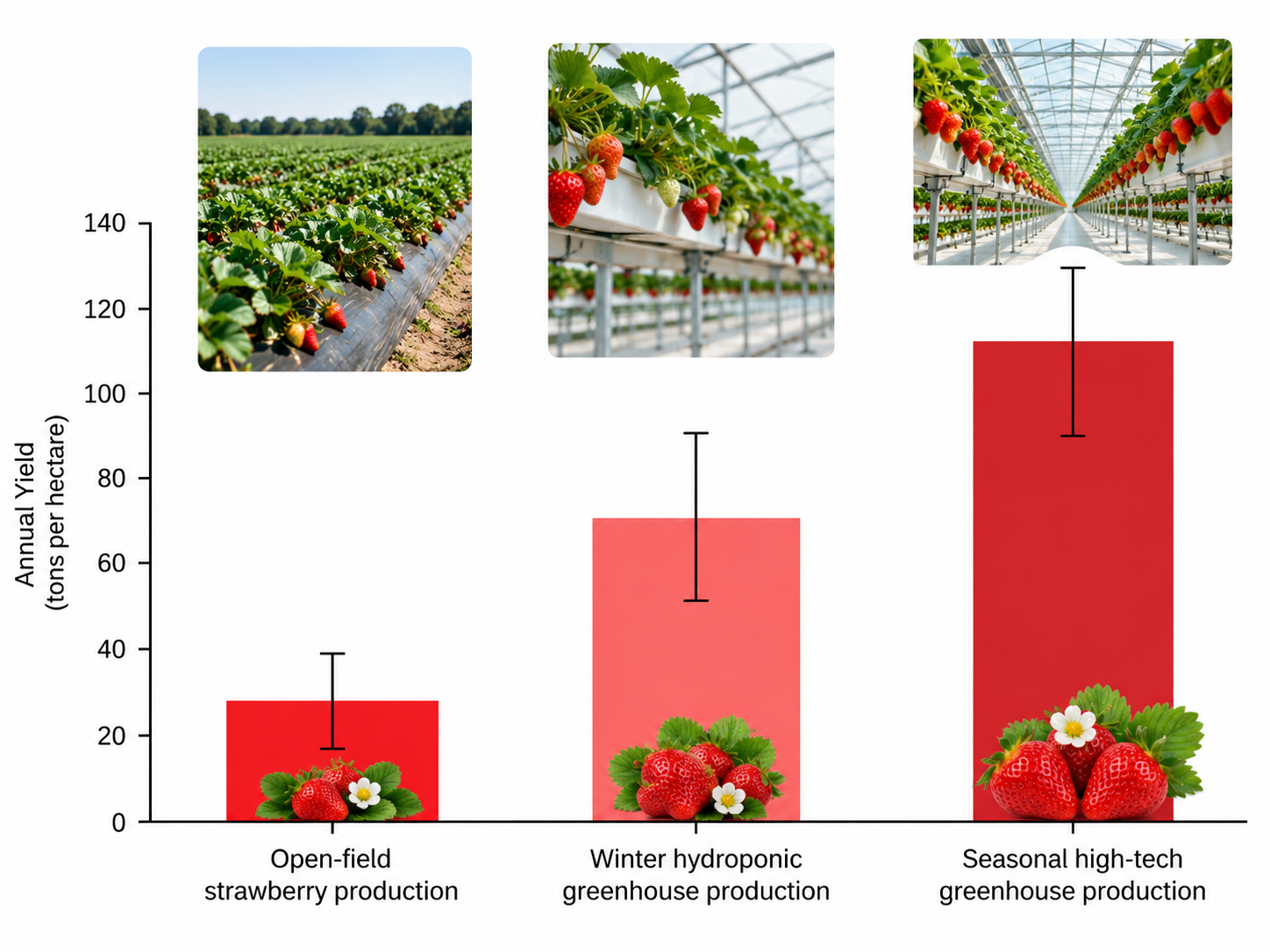 Bar chart comparing annual strawberry yield ranges across open field, winter hydroponic greenhouse, and high-tech greenhouse