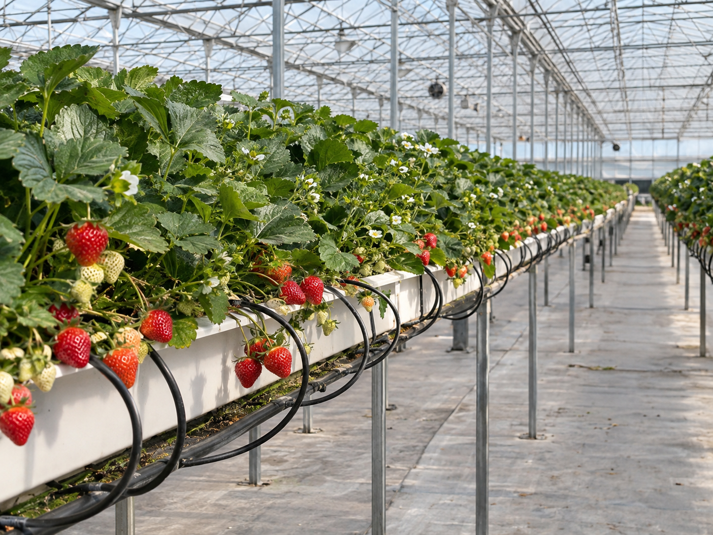 Elevated table-top gutter strawberry growing system showing plant density and drip irrigation