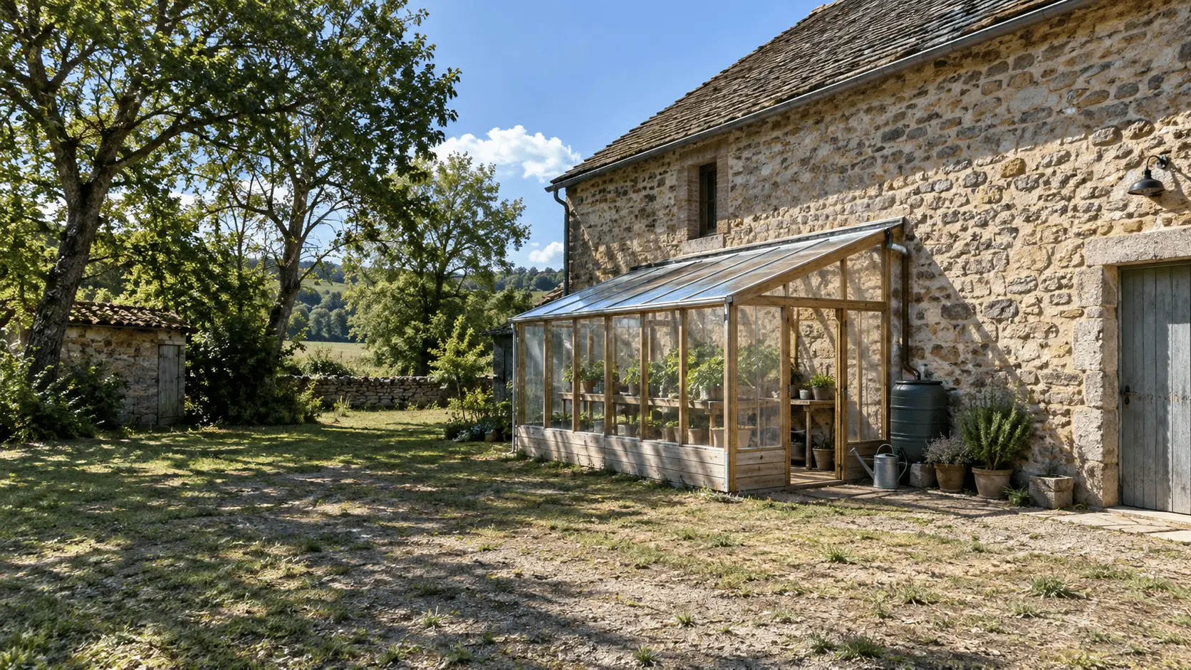 South-facing wall of a farm building with open ground in front, checked for shade from nearby structures before siting a lean-to greenhouse