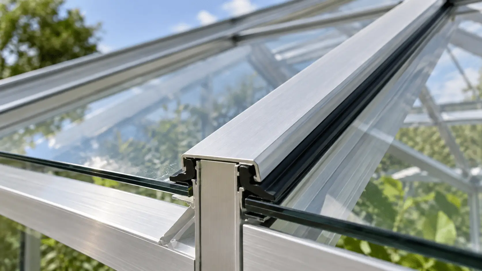 Close view of a glass roof pane held by an aluminum glazing bar with a rubber gasket