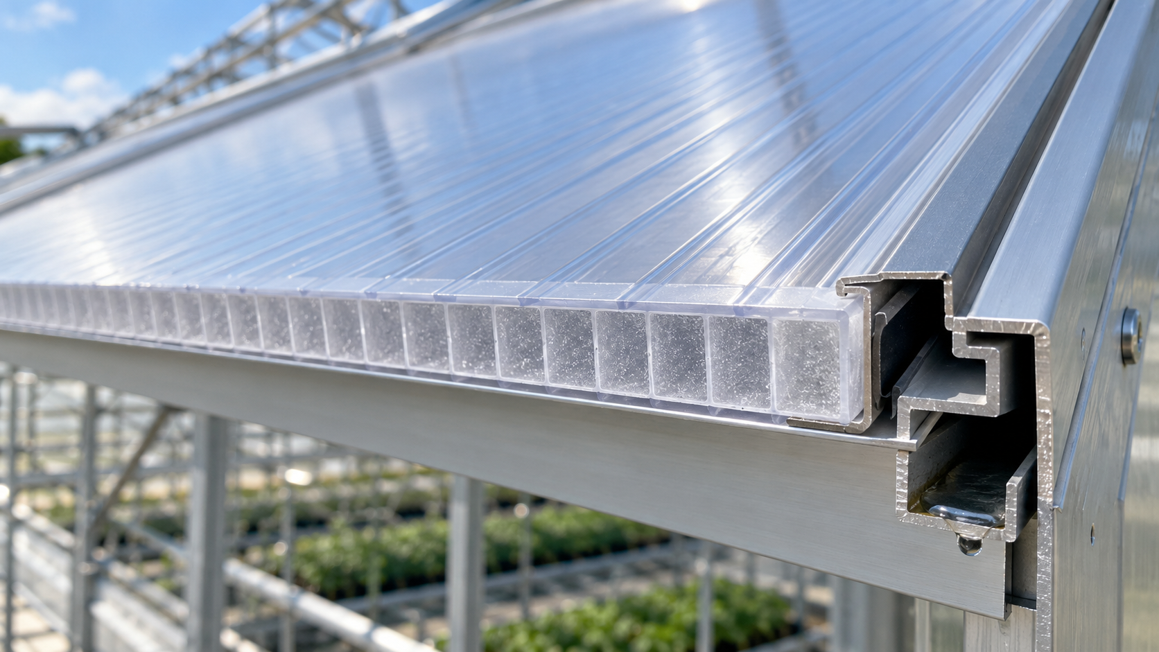 Close-up of polycarbonate panel edge with sealed ends and aluminum profile on a commercial greenhouse roof