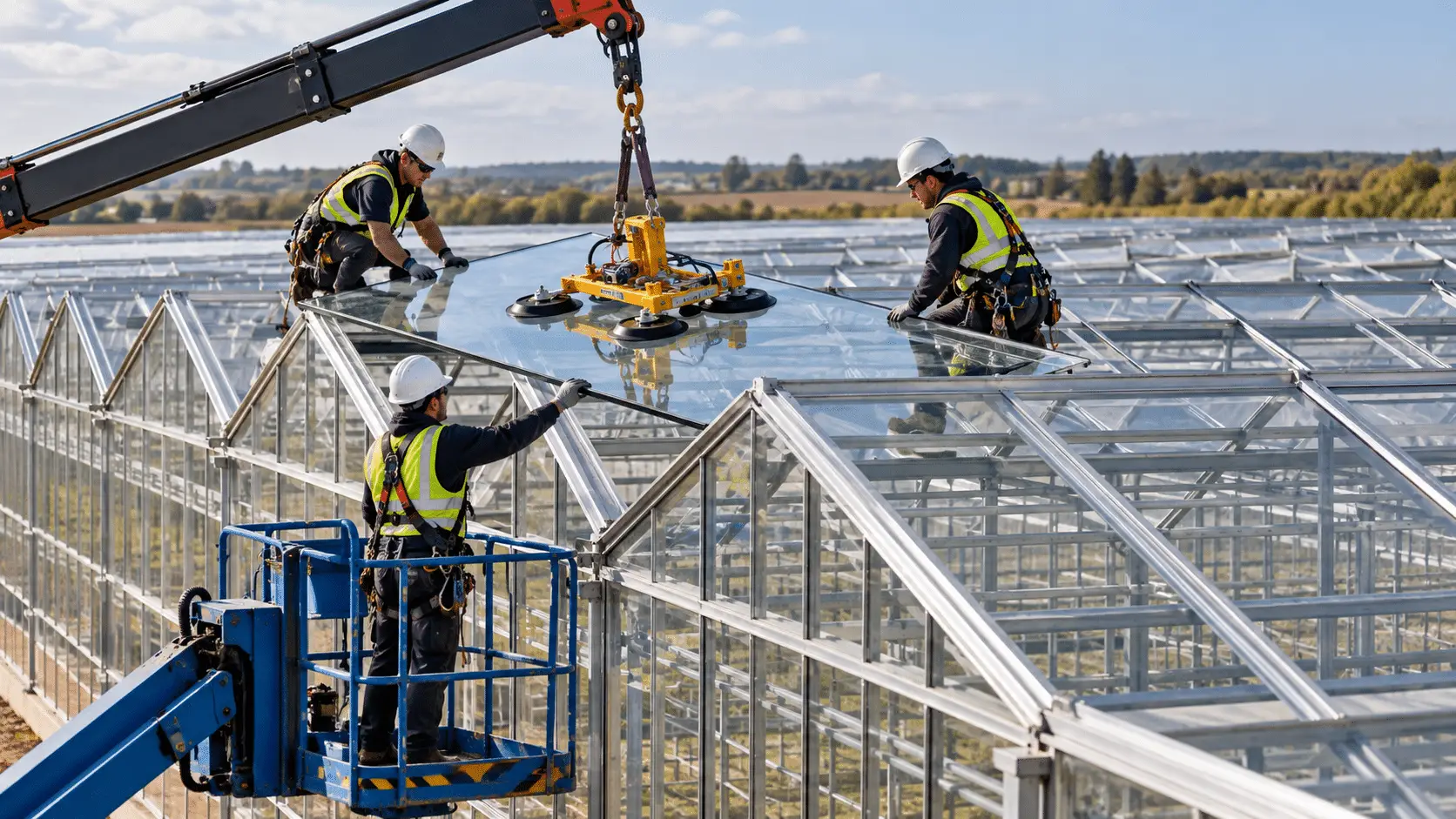 Installers placing large glass panes onto the roof bars of a multi-span glass greenhouse