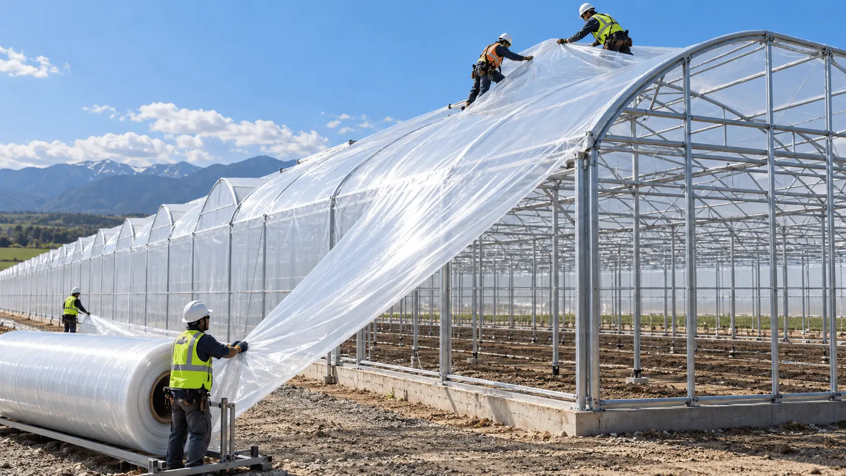 Roll of UV-stabilized polyethylene greenhouse film being pulled over the roof of a multi-span greenhouse frame