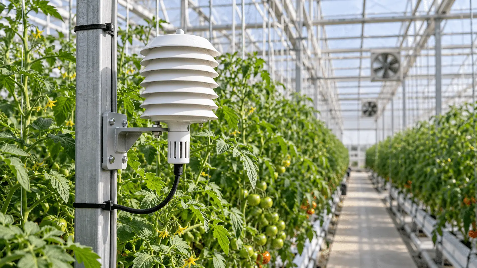 Temperature and humidity sensor mounted at crop height inside a commercial greenhouse bay, shielded from direct sun and ventilated