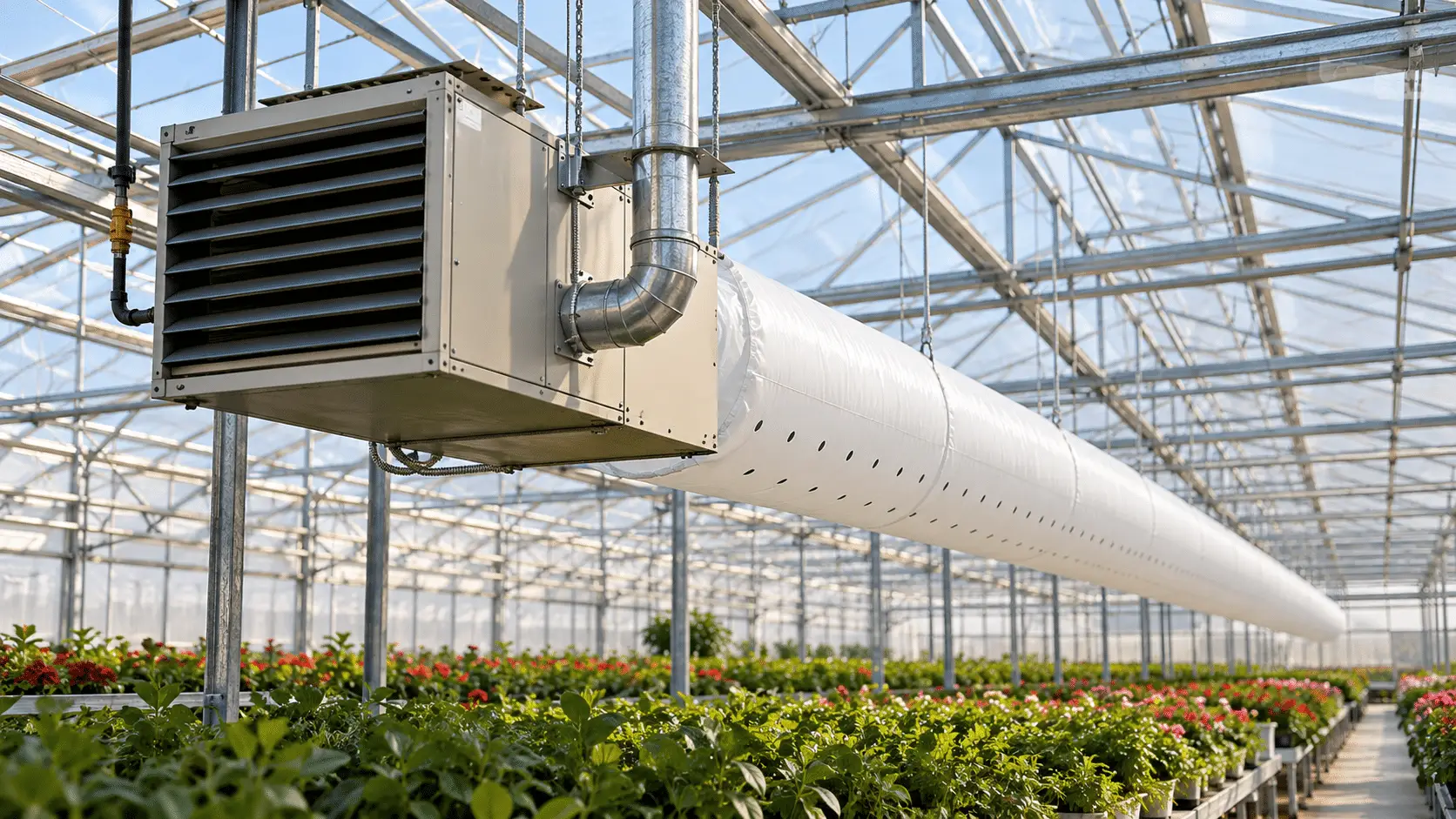 Gas unit heater hanging in a commercial greenhouse with a perforated polyethylene air tube along the crop rows