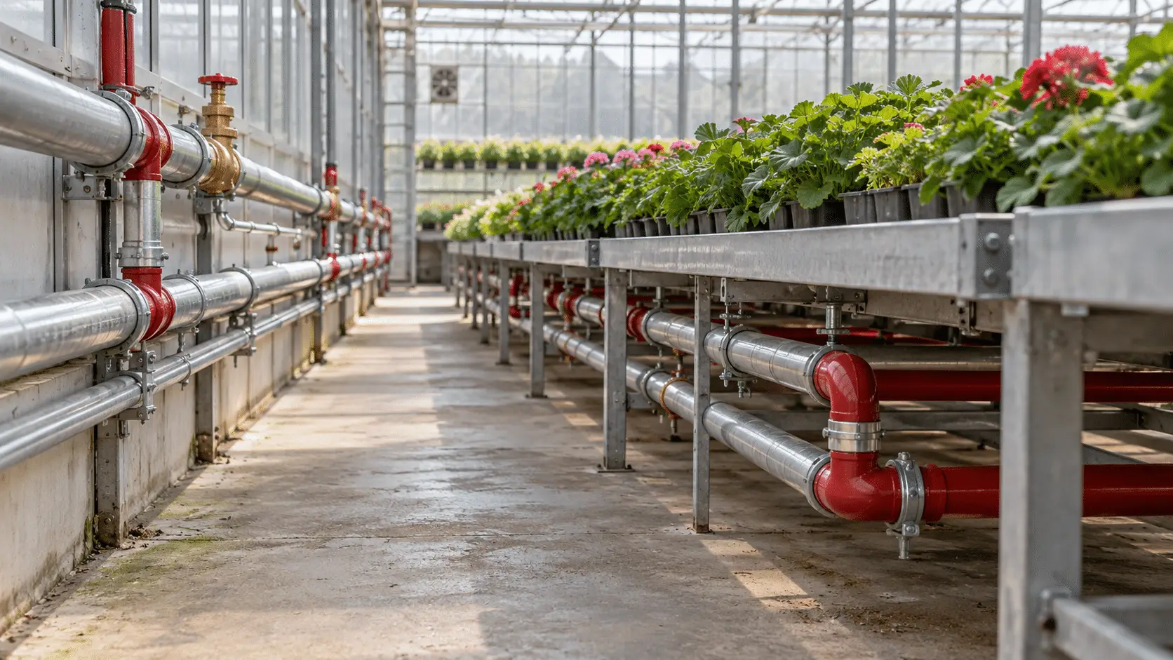 Hot water heating pipes running along the sidewall and under growing benches in a commercial greenhouse