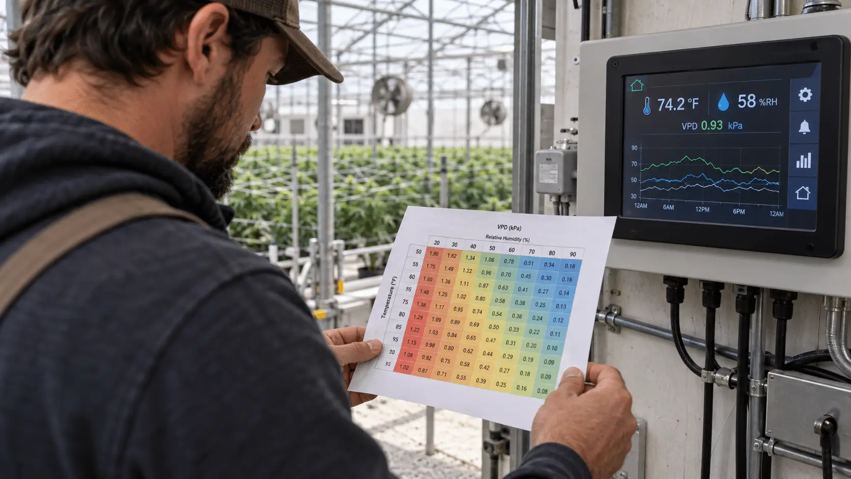 Grower reading a printed temperature and humidity VPD chart beside a climate controller screen in a greenhouse head house