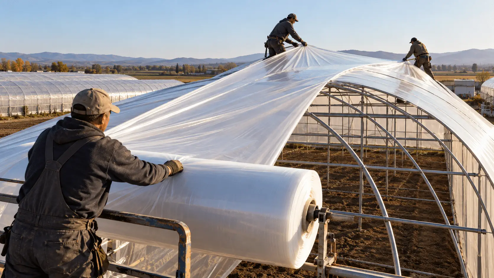 Crew pulling new polyethylene film across a greenhouse roof in calm weather during a between-crop replacement