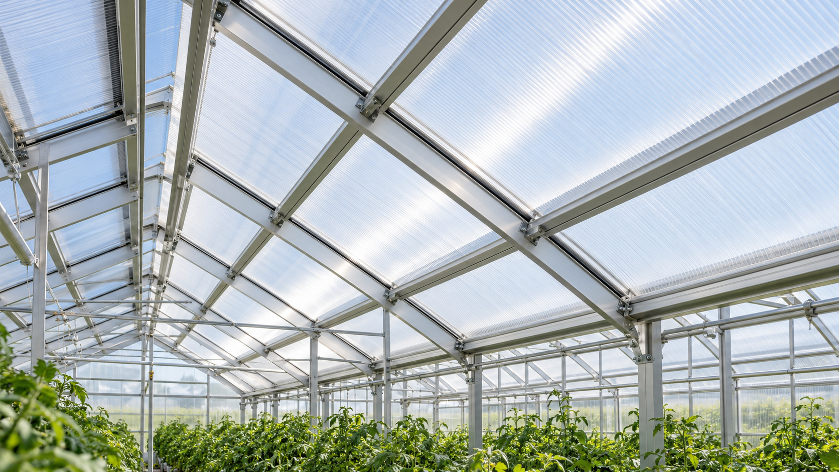 Commercial polycarbonate greenhouse roof with twin-wall panels fixed to aluminum glazing bars