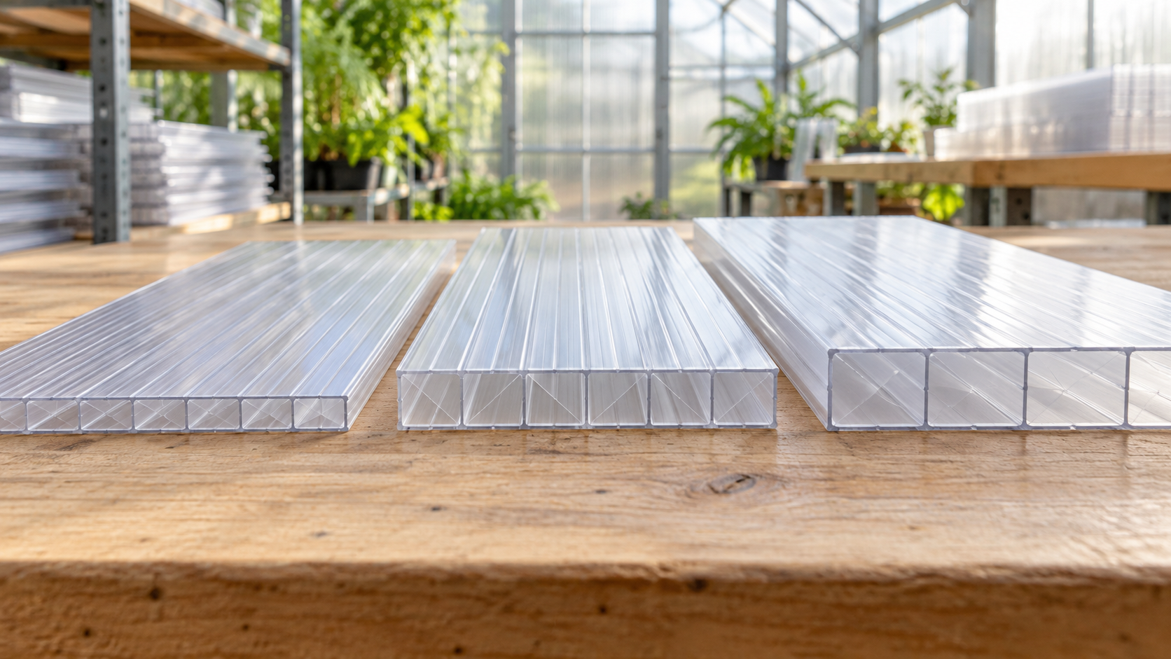 Cross-section of 6mm, 8mm and 10mm twin-wall polycarbonate greenhouse panels side by side showing air channel depth