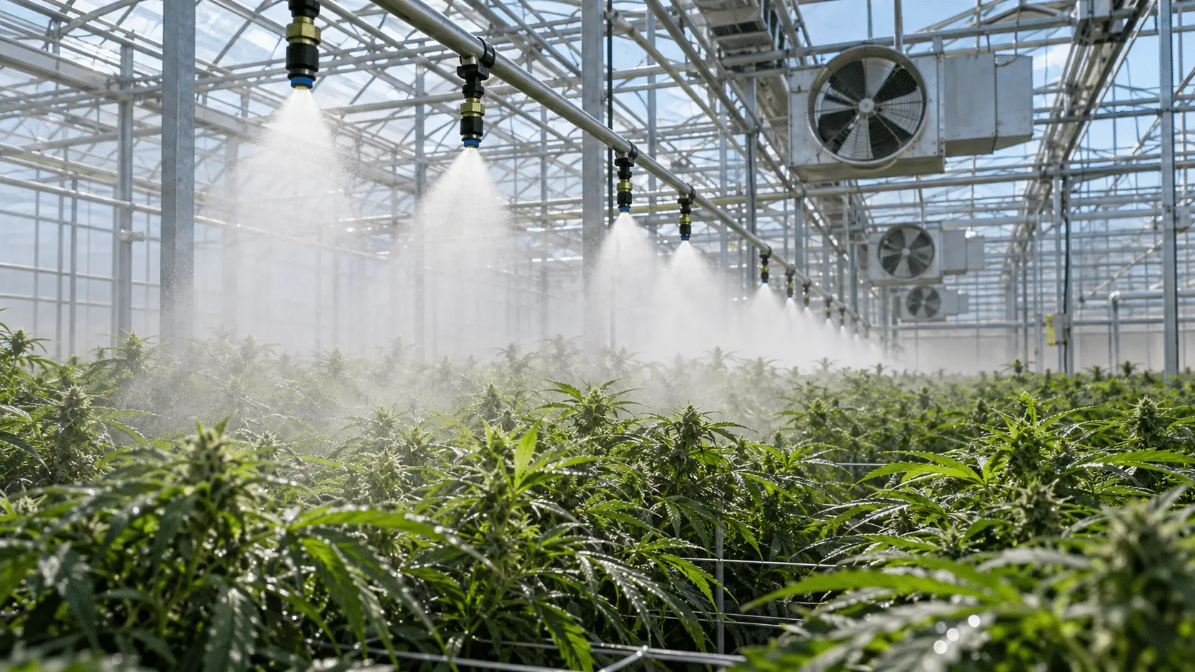High-pressure fog nozzles and roof vents above a crop canopy in a commercial greenhouse bay used to control humidity and temperature