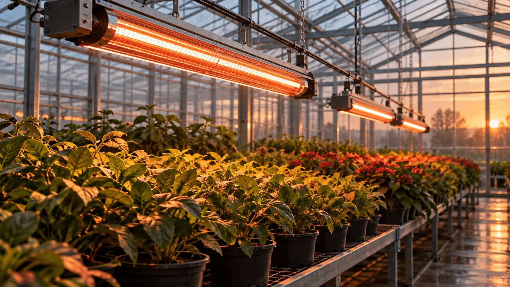 Infrared radiant heater tubes suspended above potted crops in a greenhouse bay