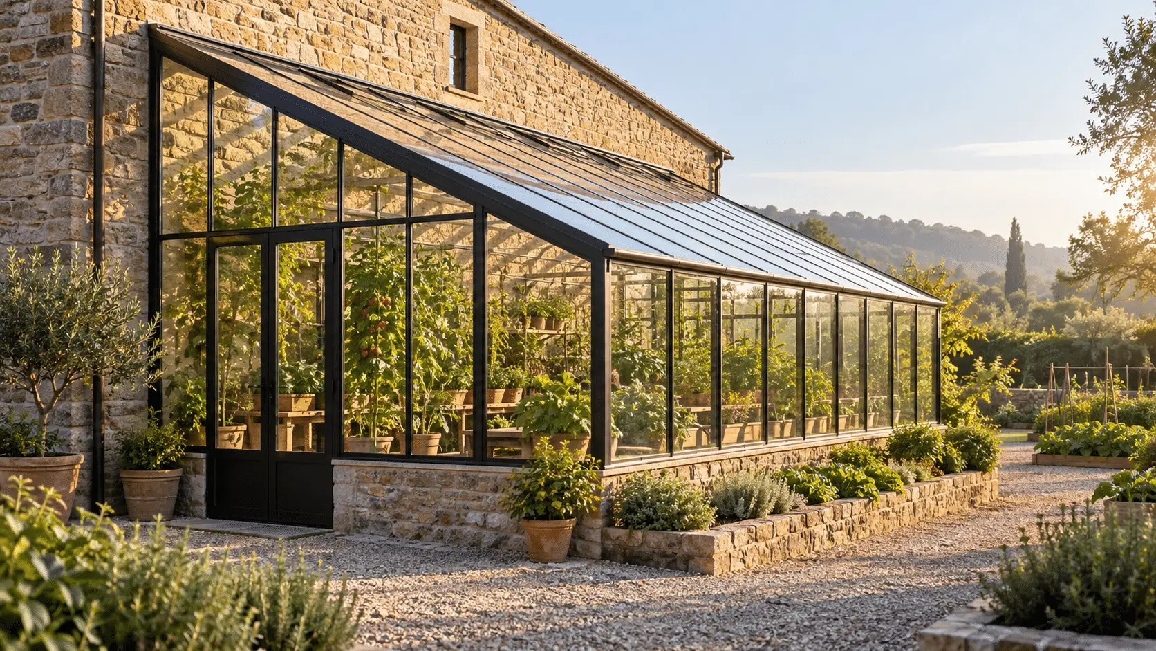Single-slope lean-to greenhouse built against the south wall of a masonry production building with glazed roof and end wall