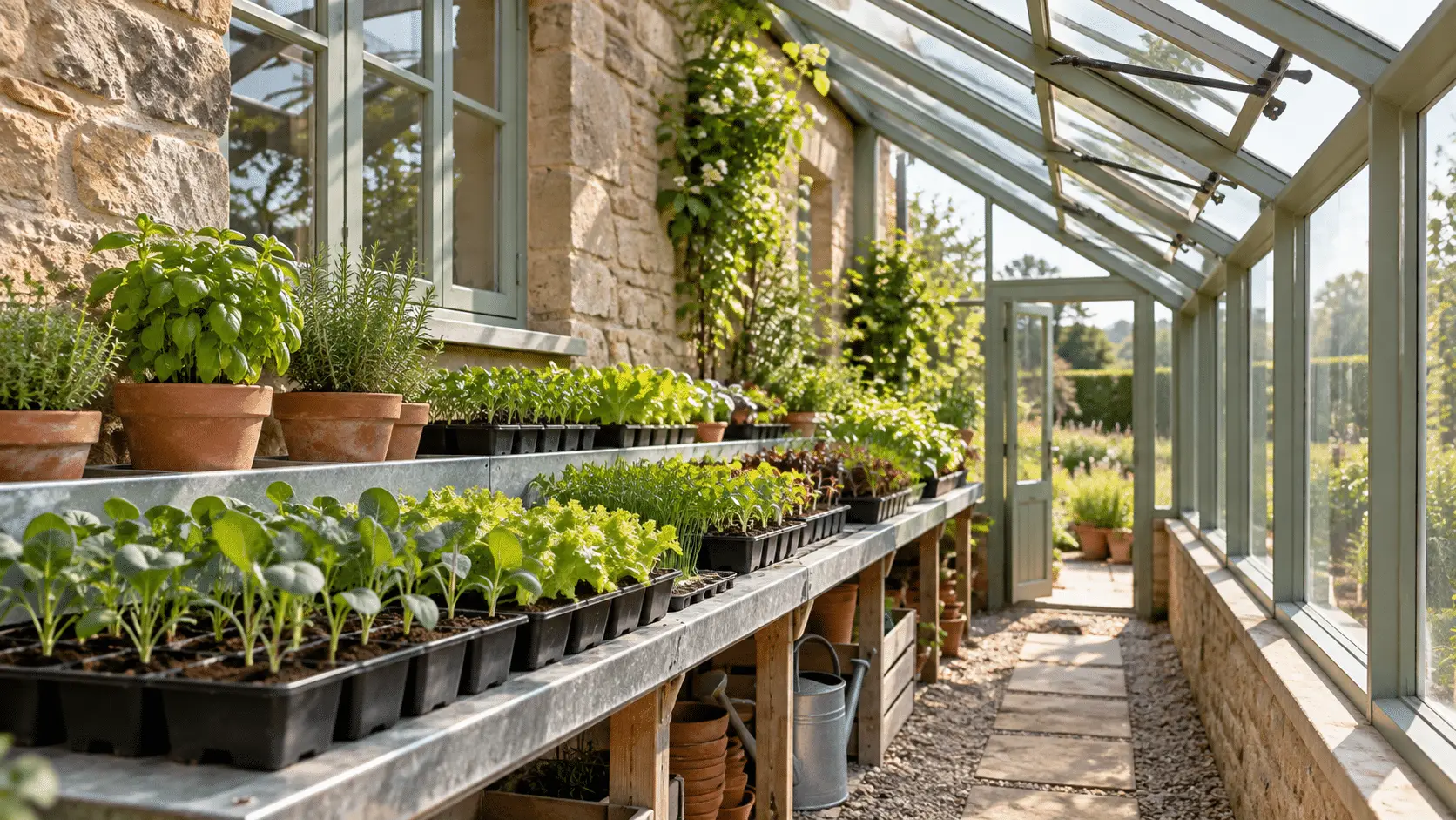 Interior of a narrow lean-to greenhouse with a single row of propagation benches along the building wall and roof vents above