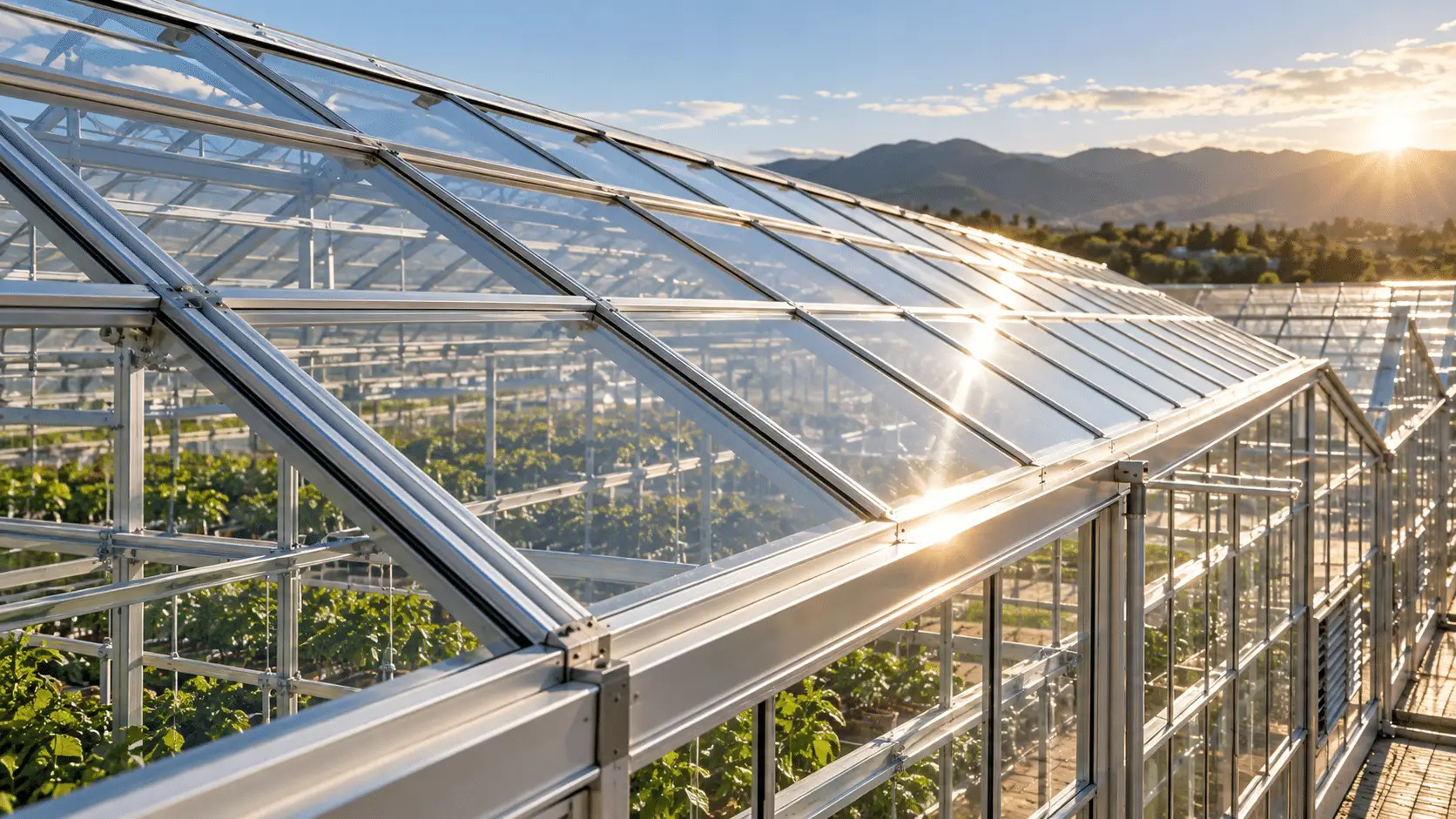 Tempered glass roof panes fitted between aluminum bars on a commercial glass greenhouse