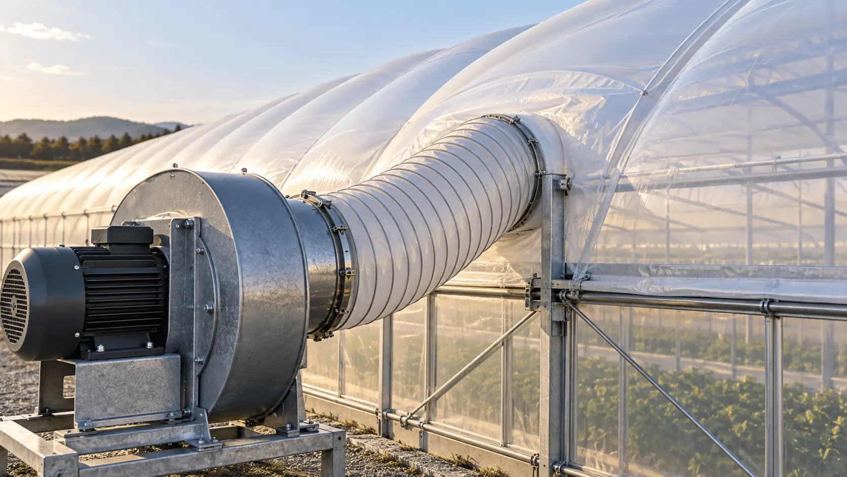 Inflation blower and air duct feeding a double-layer polyethylene film roof on a commercial film greenhouse